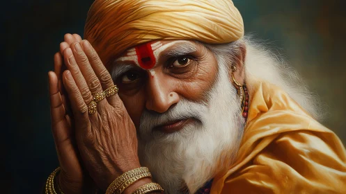 Elderly sage portrait in golden robes with folded hands.