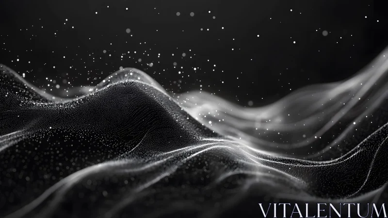 Abstract flowing waves of particles in black and white digital art.