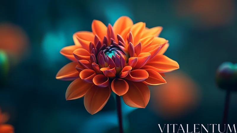 Red-orange dahlia flower with layered petals against teal background