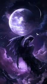 Fallen angel beneath luminous violet moonlit sky.