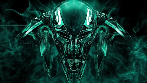 Futuristic teal mech spirit emerging from swirling neon fog.