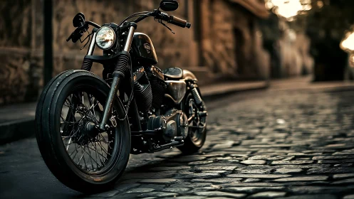 Custom black motorcycle waits on moody cobblestone street