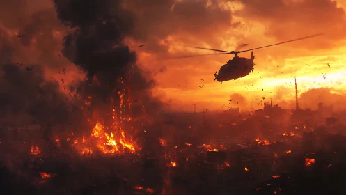 Military helicopter surveys inferno over devastated metropolis