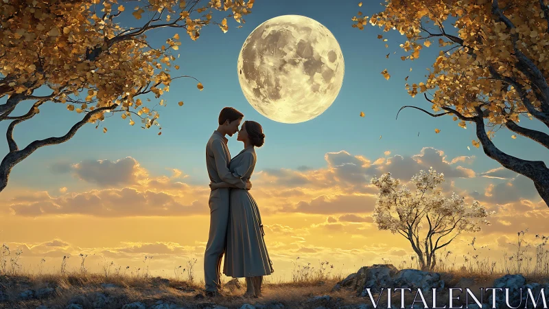 Moonlit Romance Beneath Golden Autumn Trees.