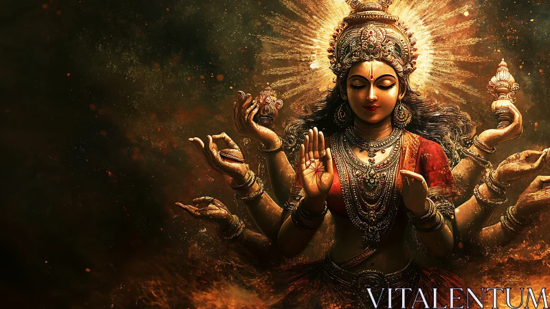 Radiant multi-armed goddess in incandescent digital aura.