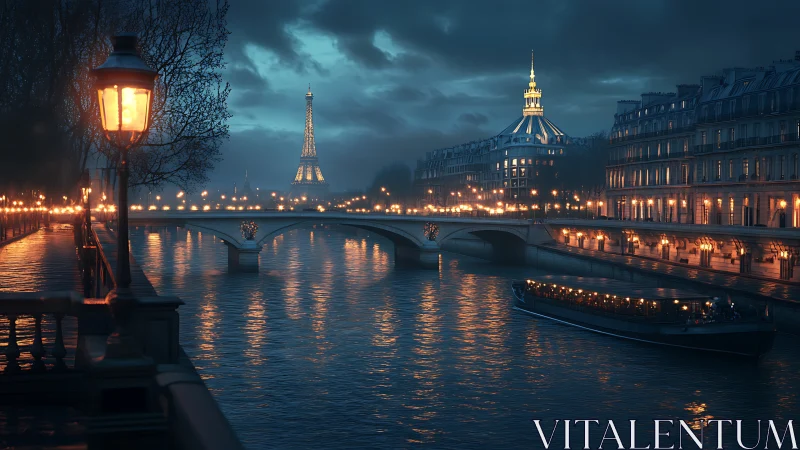 Paris riverside glows at blue hour with warm city lights