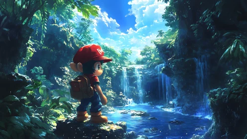 Animated character stands at jungle waterfall in lush rainforest.