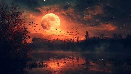 Blood moon over misty lake with silhouetted autumn trees.