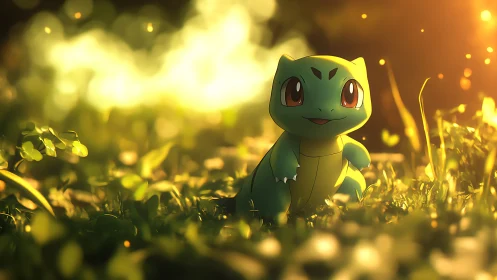 Bulbasaur figure in sunlit grass with soft background bokeh.