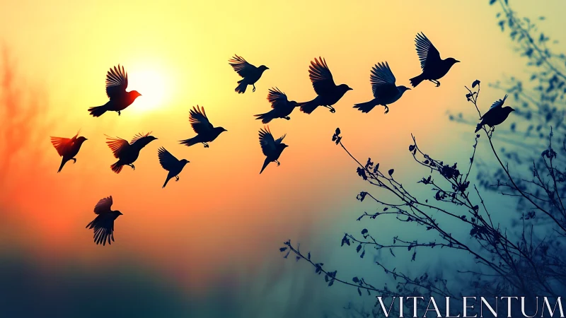 Flock of Birds Flying at Colorful Sunset in Silhouette Style.