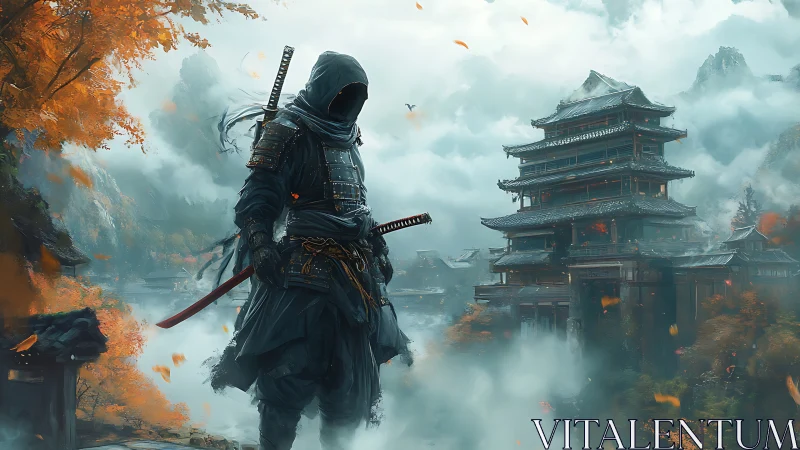 Hooded samurai stands before misty multi-tiered temple