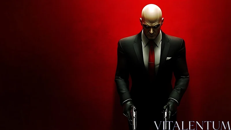 Bald suited hitman with dual pistols on red backdrop.