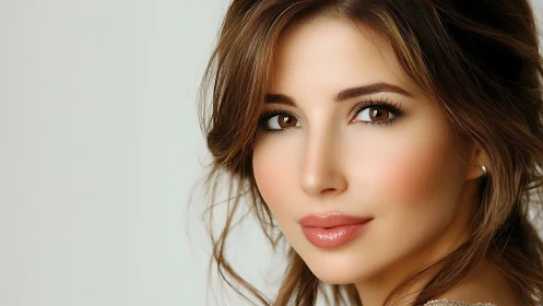 Portrait highlights flawless skin and warm studio lighting.