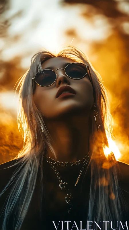 Backlit silver-haired portrait in molten sunset glow.