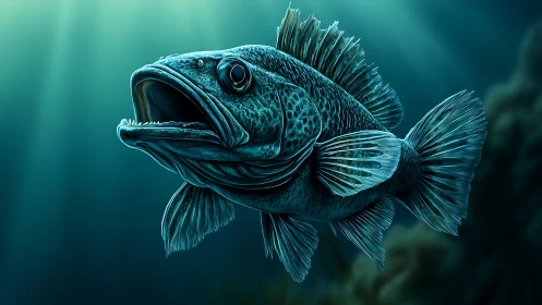 Blue deep-sea fish portrait with open mouth and fin detail
