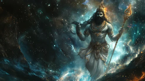 Starlit cosmic deity striding through nebula stormlight.