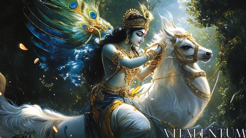 Divine rider on jeweled white steed in high-detail digital scene
