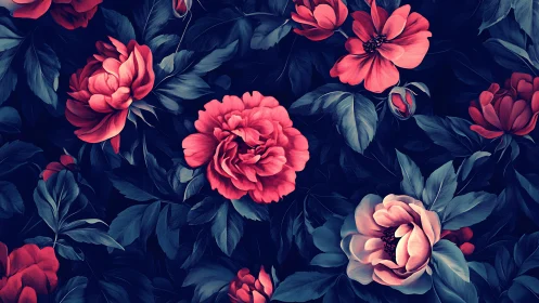 Crimson Peonies Against Deep Navy: Botanical Study