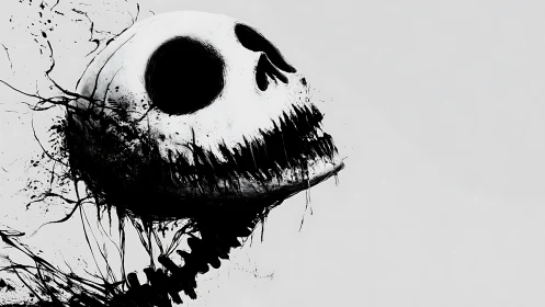 High-contrast ink-splatter skull forms abstract skeletal silhouette