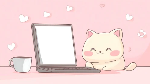 Cute pastel cat smiles beside laptop in cozy pink workspace