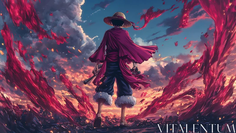 Straw hat wanderer commands blazing crimson storm skies.