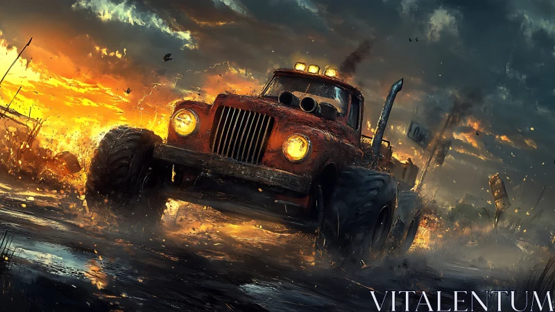 Rusty monster truck charges through fiery storm road.