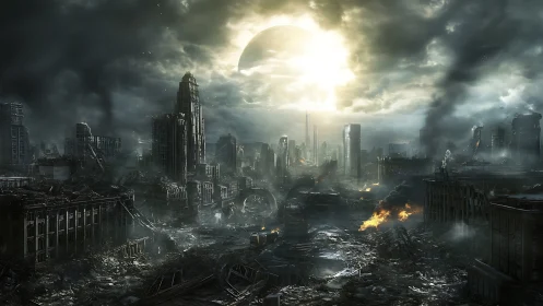Ruined future megacity burns under eclipsed toxic sky