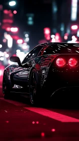 Midnight supercar glows under neon city bokeh lights.