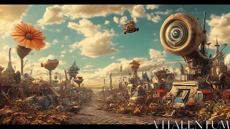 Whimsical steampunk flower city with giant lens observatory