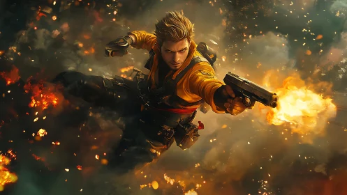 Skyfall gunslinger dives through ember-splintered mayhem.