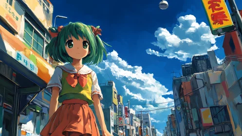 Wide-angle anime street scene renders saturated daylight clouds