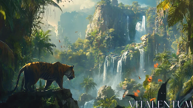 Dimensional Fantasy Canyon with Photorealistic Tiger and Cascading Waterfall Formation