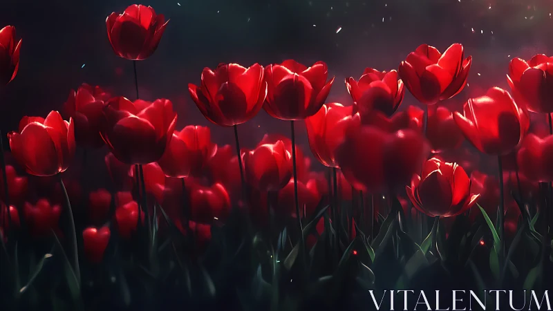 Luminous Red Tulips Against Dark Atmospheric Background.