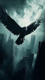 Night-storm eagle dives over neon-drowned steel canyons.