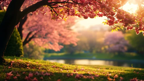 Golden spring sunlight pours through blooming cherry trees