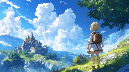 Child observer on hillside facing distant cliffside castle.