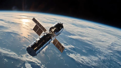 Satellite orbits above curved Earth with solar arrays extended