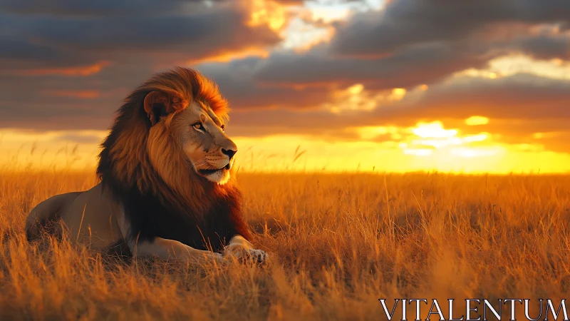 Golden-hour lion resting quietly on the glowing savanna.