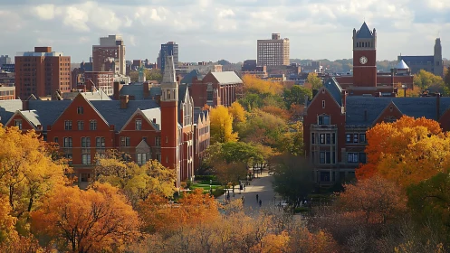 Crimson towers trade whispers with autumn over campus paths