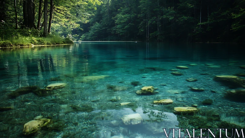 Transparent forest lake displays submerged stones in clear layers