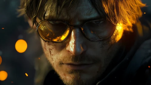 Cinematic close-up of battle-worn man with reflective ember-lit glasses