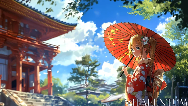 Sunlit shrine girl tilts her red umbrella toward summer sky