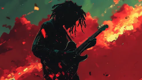 Guitarist silhouette erupts against fiery abstract clouds.