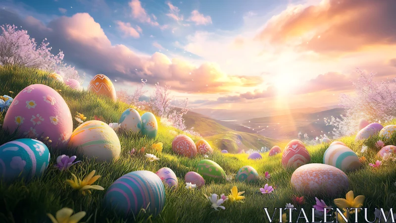 Painted springtime eggs bask beneath a storybook sunrise