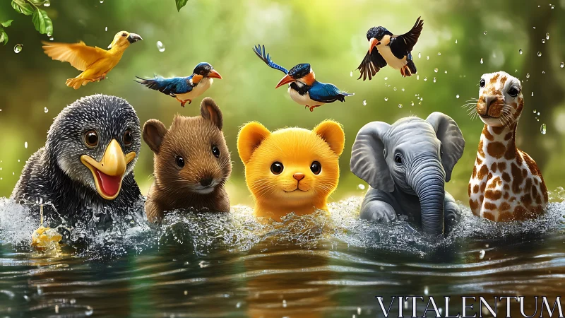Anthropomorphic baby wildlife swim lineup in stylized digital realism
