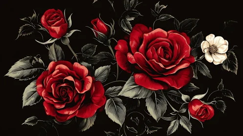 Red and white roses illustrated against black background with detailed foliage