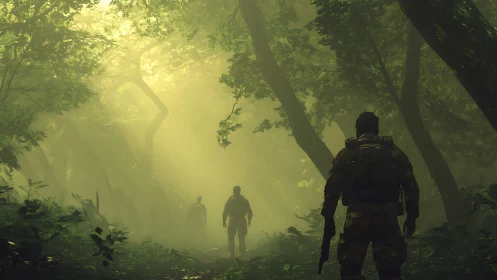 Sunlit jungle patrol drifting through emerald mist.