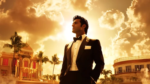 Sunlit tuxedo dreamer strolling through gilded grandeur.