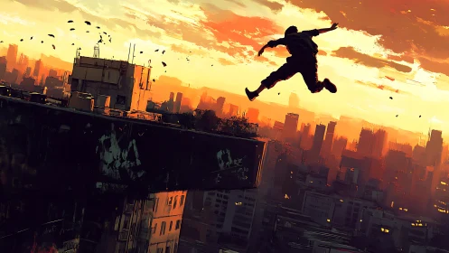 Parkour rooftop leap across blazing sunset city skyline.