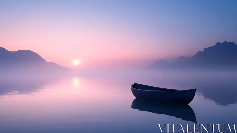 Rowboat on misty lake with distant mountains at sunrise.